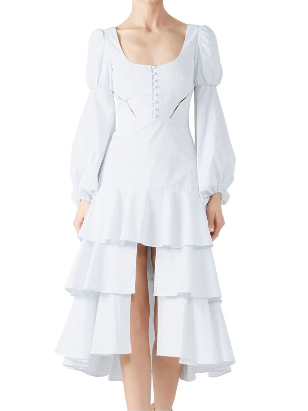 Jonathan Simkhai White Puff-Sleeve High-Low Tiered Dress
